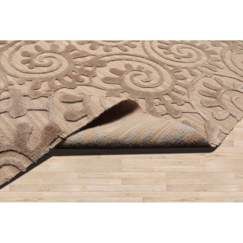 Hand Woven French Aubusson Tan Floral Wool & Silk Modern Area Rug - 9' 2'' x 11' 10''