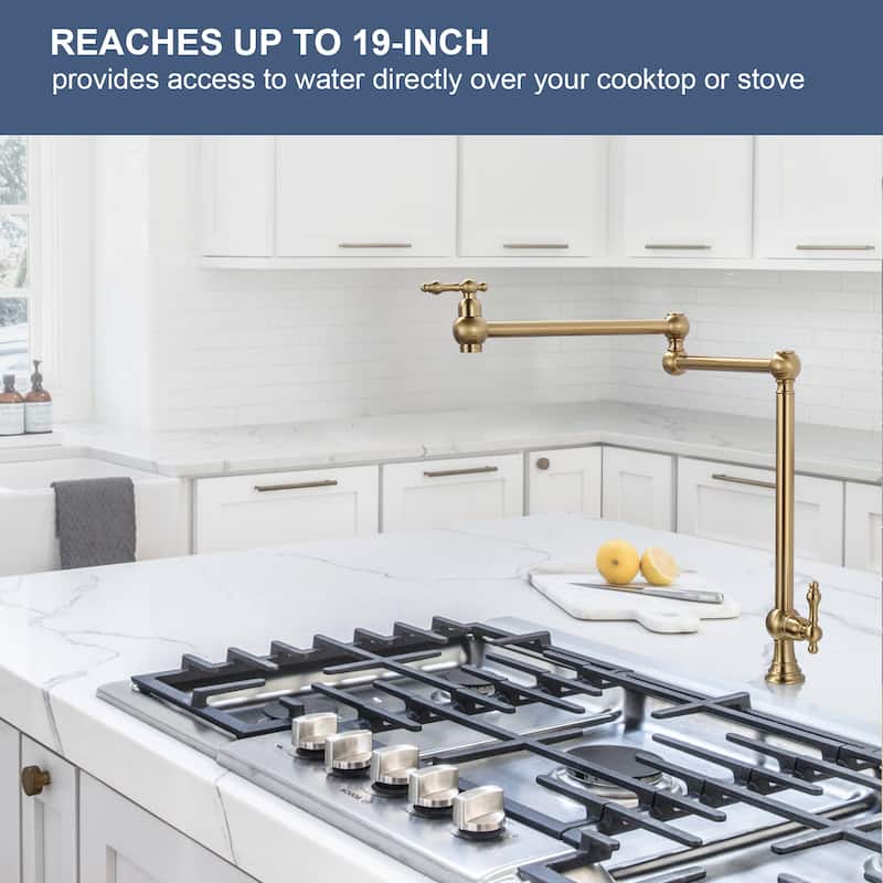 WOWOW 2-Handle Deck Mount Pot Filler Kitchen Faucet with Dual Swing Joints Design