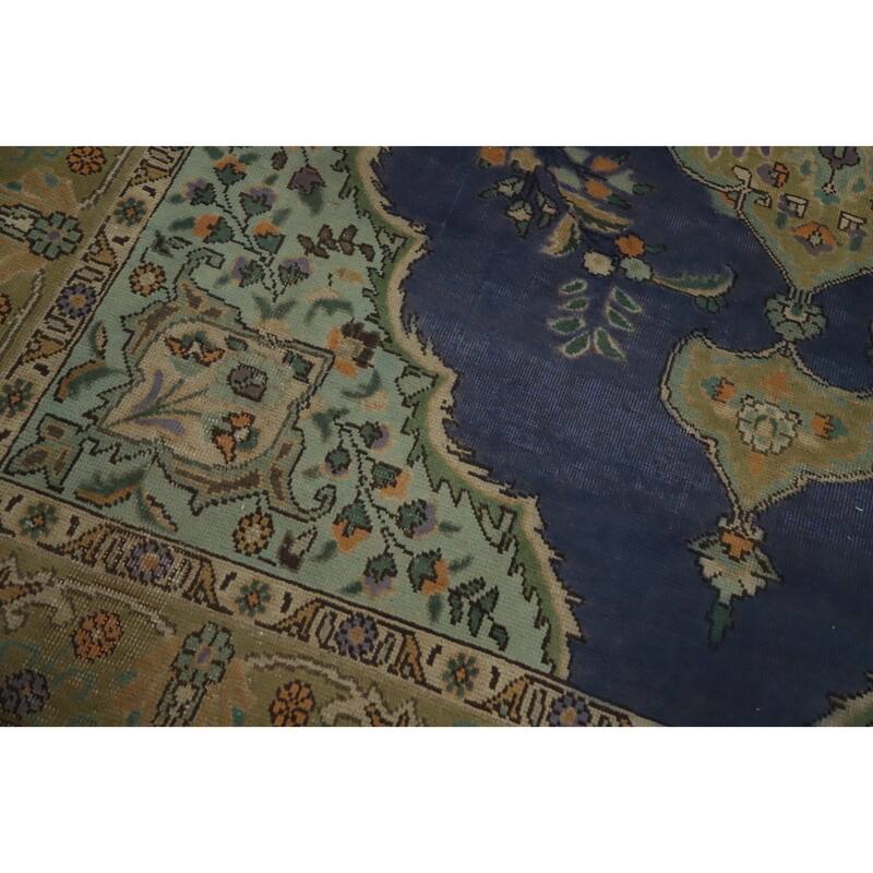 Hand Knotted Oriental 100% Wool Carpet Traditional Medallion Navy Blue & Blues Tabriz Area Rug - 9' 7'' X 6' 6''