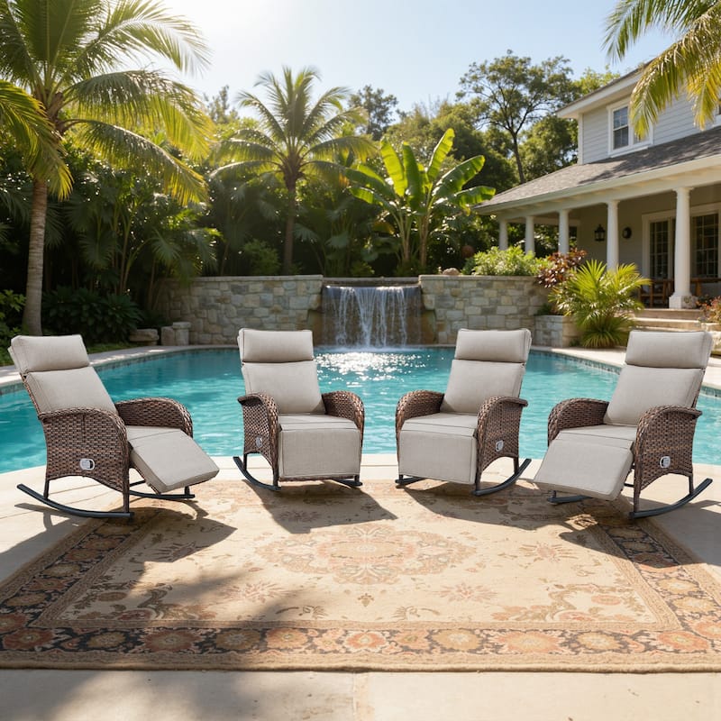 Meyreso Wicker Rocking Reclining Chaise Lounge with Adjustable Backrest & Footrest (4-Pack) - Beige