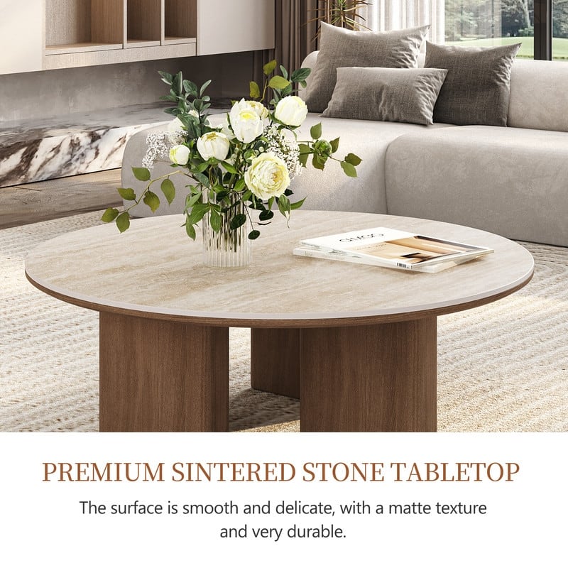 35.4'' Mid-Century Modern Round Coffee Table with Stone Countertop, Stain-Resistant Center Table for Living Room
