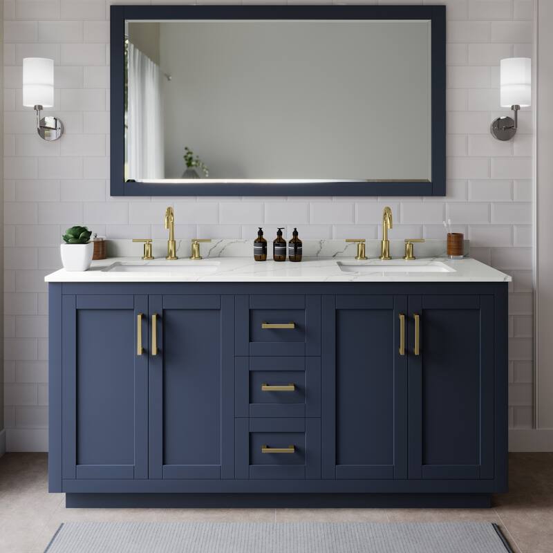 Wyndham Collection WCF292966D-QTZ-US3MXX Miranda 66" Free Standing - Dark Blue / Giotto Quartz Top / Brushed Gold