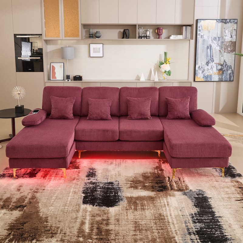 HOMEFUN Corduroy Upholstered U-shaped Adjustable Light Modular Sectional Sofa With Type-C and USB ports - Wine Red