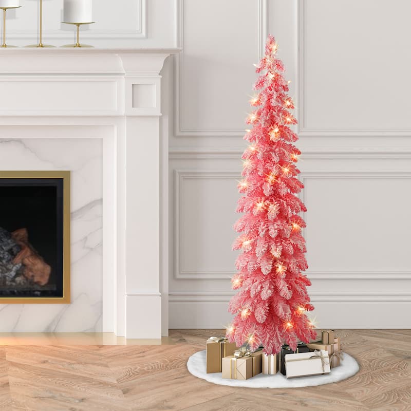 Puleo International 4 ft. Pre-lit Pink Flocked Alpine Pencil Tree - 4 Foot