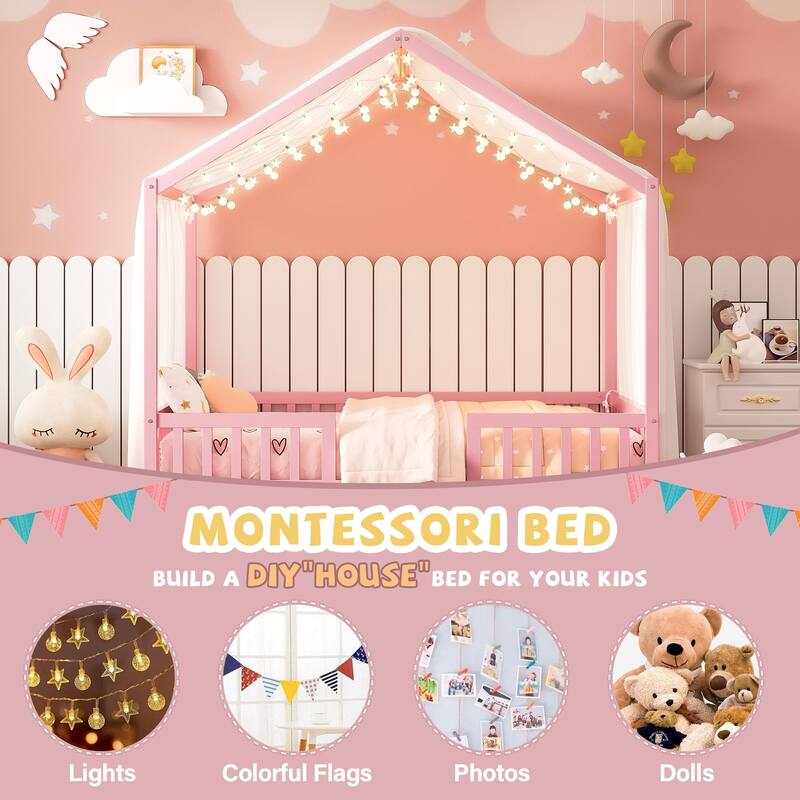 Roomfitters Montessori Floor Bed with Canopy, House Shape Wood Frame with Safety Rails, Youth Platform Bed