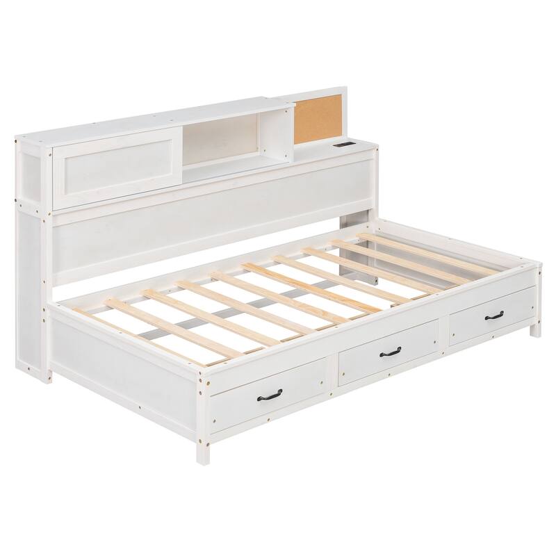 Twin Size Wooden Daybed with 3 Storage Drawers, Built-In Power Outlets and USB Ports