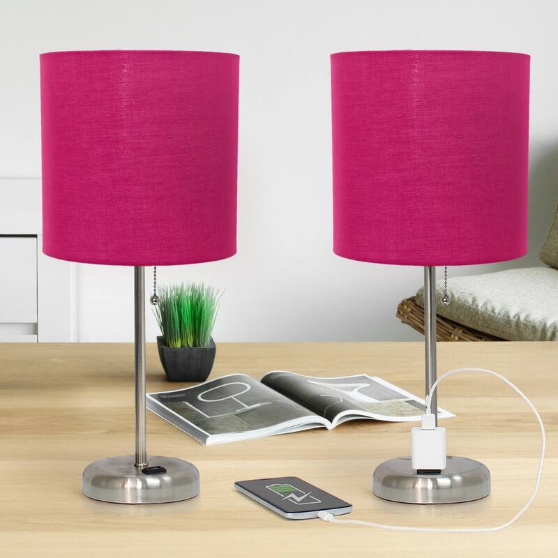 Stick Table Lamps with Drum Shade - 19.5" - Silver and Candy Pink - Set of 2