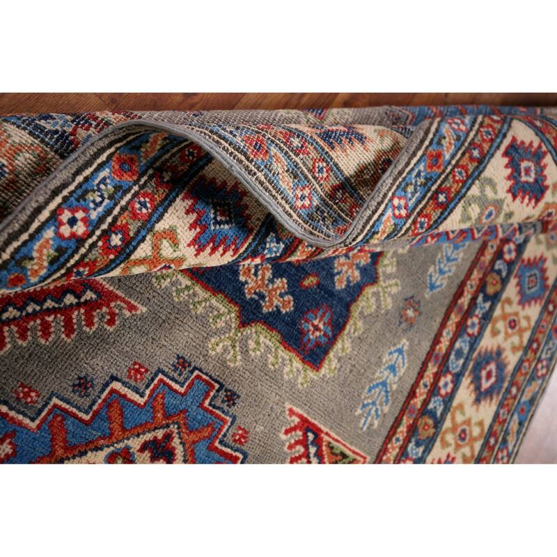 Geometric Kazak Accent Rug Hand-Knotted Traditional Wool Carpet - 3'2" x 5'0"