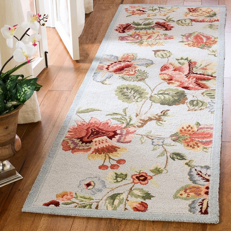 SAFAVIEH, Handmade Chelsea Jurendine French Country Floral Wool Rug - 2'6" x 10' Runner - Light Blue