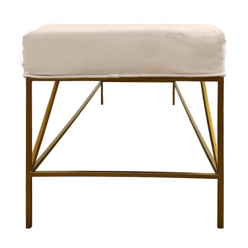 Hill Linen Upholstered Bench with Antique Brass Finished Iron Frame