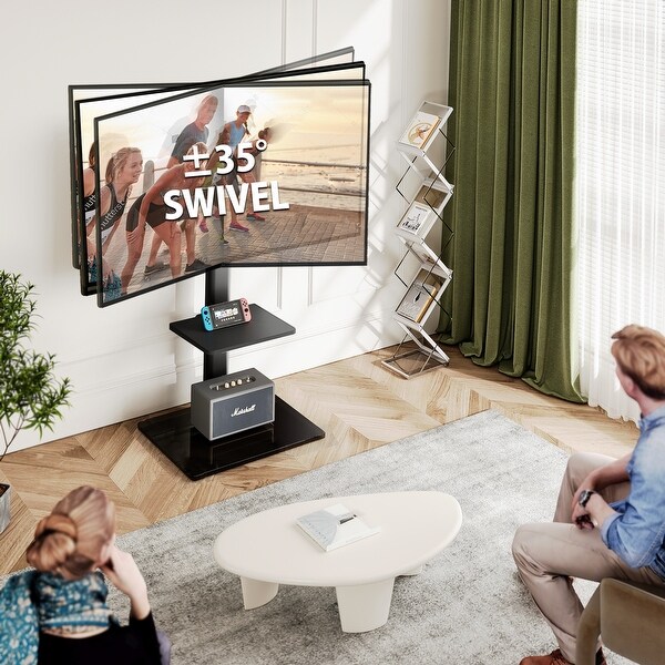 FITUEYES Tempered Glass Base Floor TV Stand for 32 65 inch TVs with One Shelf On Sale Bed Bath Beyond 40490410
