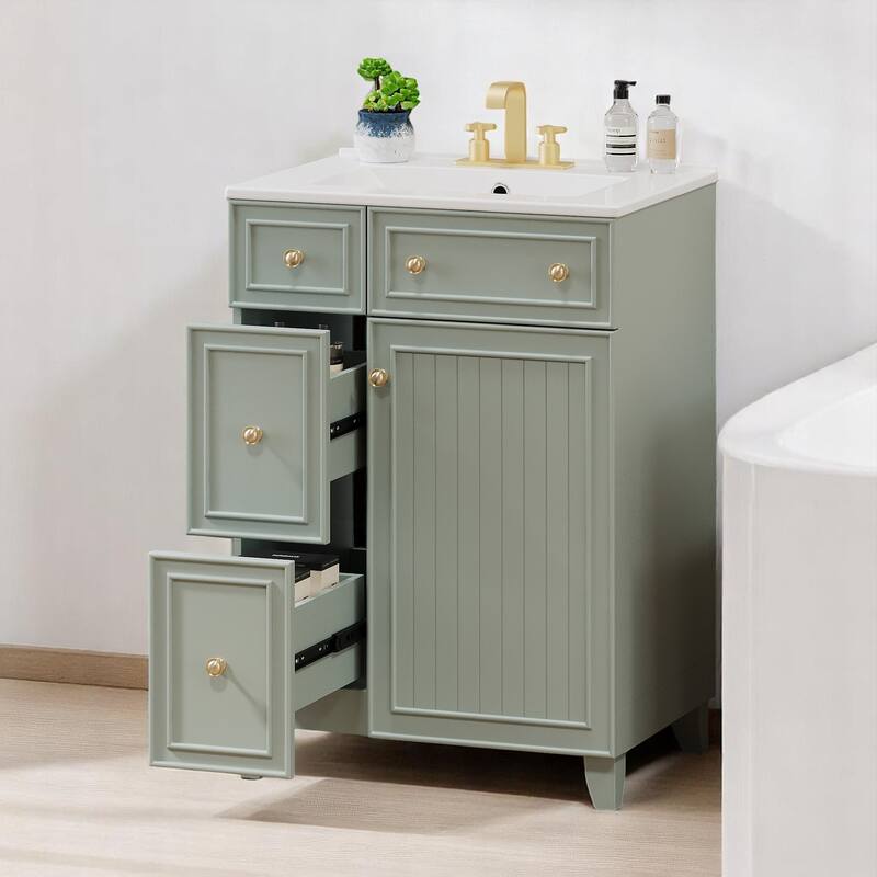 24" Bathroom Vanity with Ceramic Sink, 2 Drawers, Soft-Close Door, Freestanding Cabinet for Small Spaces, MDF and Wood