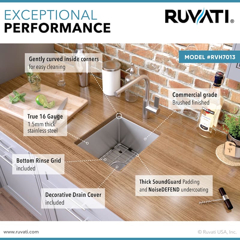 Ruvati 13 x 15 inch Undermount Bar Prep Tight Raduis 16 Gauge Kitchen Sink Stainless Steel Single Bowl - 11″ x 13″