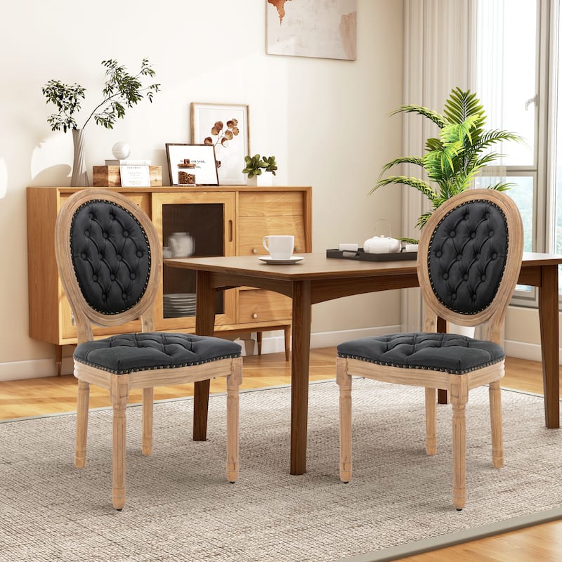 French Country Solid Wood Fabric Dining Chair Set of 2 - Black PU