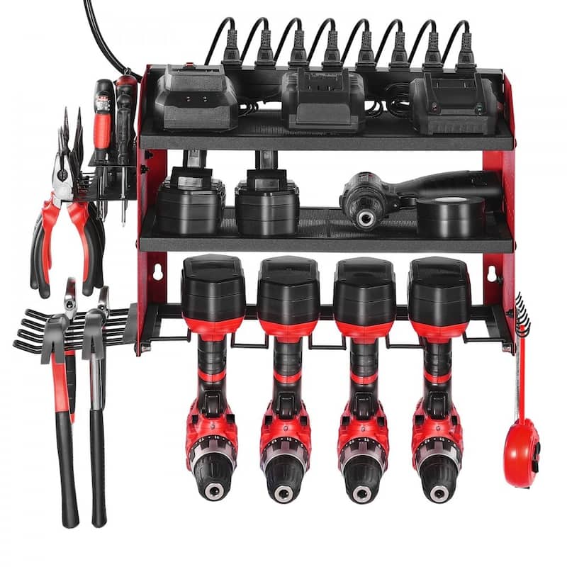 3-Tier Wall Hanging Tool Rack with Built-In 8-Outlet Power Strip and Adjustable Middle Shelf - 23.31 x 8.66 x 12.01 in