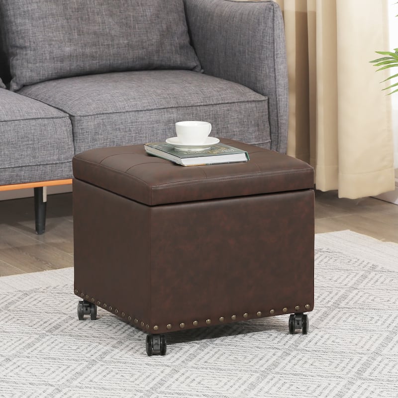 Adeco Bonded Leather Storage Ottoman Square Tufted Cube Footstool