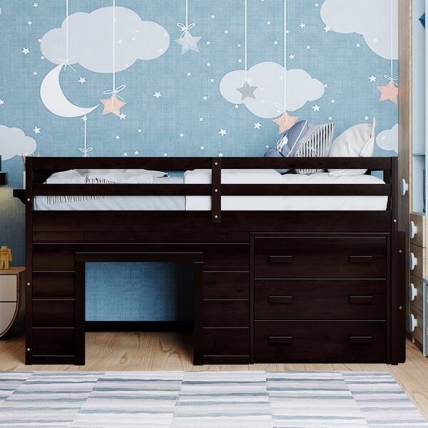 slide 2 of 29, Twin Low Loft Bed wPlayhouse, Shelf, Drawers, Window, Ladder, Guardrail Espresso - Twin