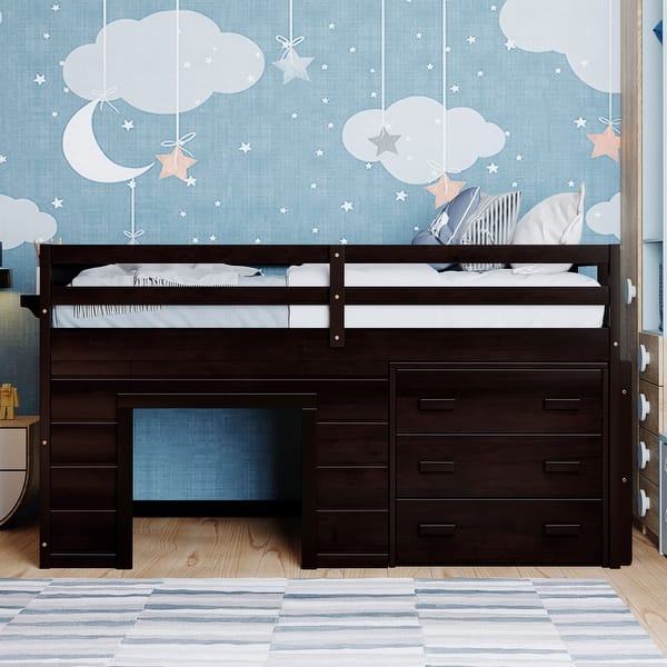 slide 2 of 60, Wood Loft Bed with Ladder, Drawers and Safe Guardrail, Maximized Storage Space, Twin Size Espresso