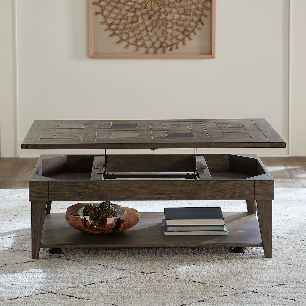 Arrowcreek Weathered Lift Top Cocktail Table- Reclaimed Wood, Stone Top