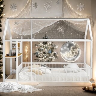 White Metal Full Size Floor Bed with Functional Desk, Kids Bed with Storage Shelf