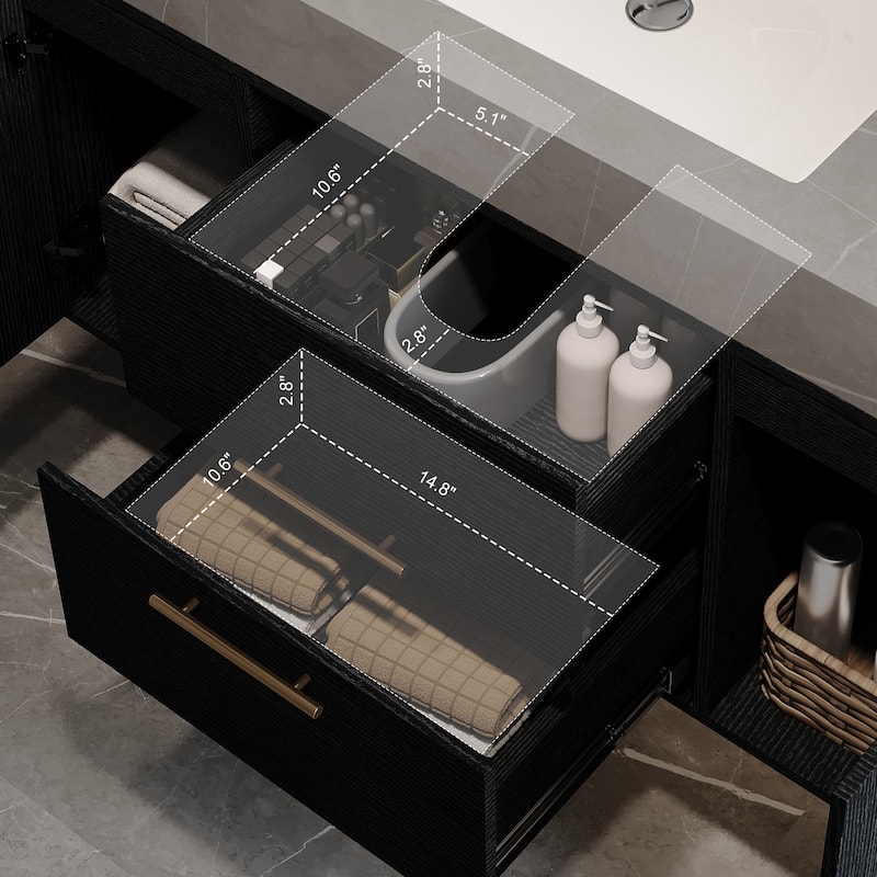 GDFStudio - Modern 39.4" Wall Mounted Floating Sintered Stone Bathroom Vanity with Seamless Ceramic Sink & Soft-Close Drawers