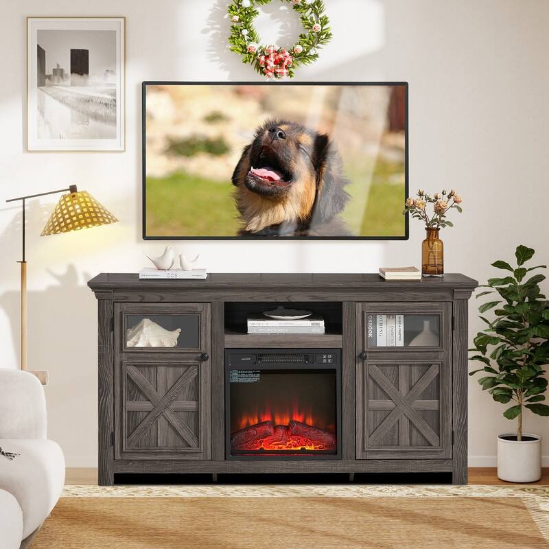 58-60" Fireplace TV Stand for 55-65" TVs w/ 18-23" Insert Farmhouse/Modern/Rustic Barn/Glass Doors Espresso/Grey/Brown/White Oak - 60.23inch - Grey