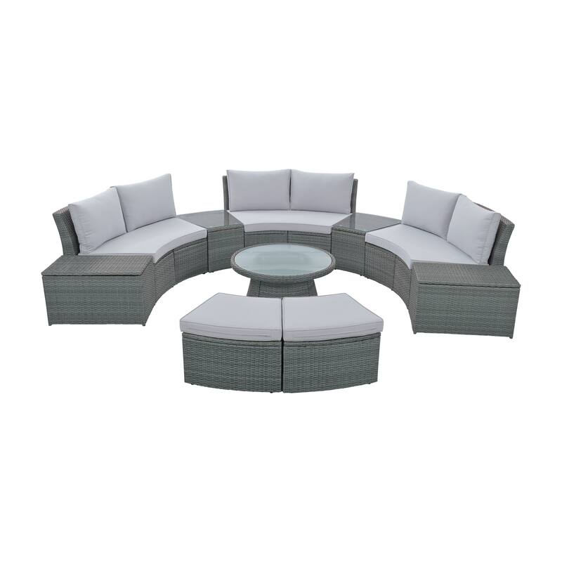 10-Piece Patio Sectional Curved Outdoor Rattan Sofa Set with Cushions, Storage Boxes, Ottomans, Tables and Glass Top