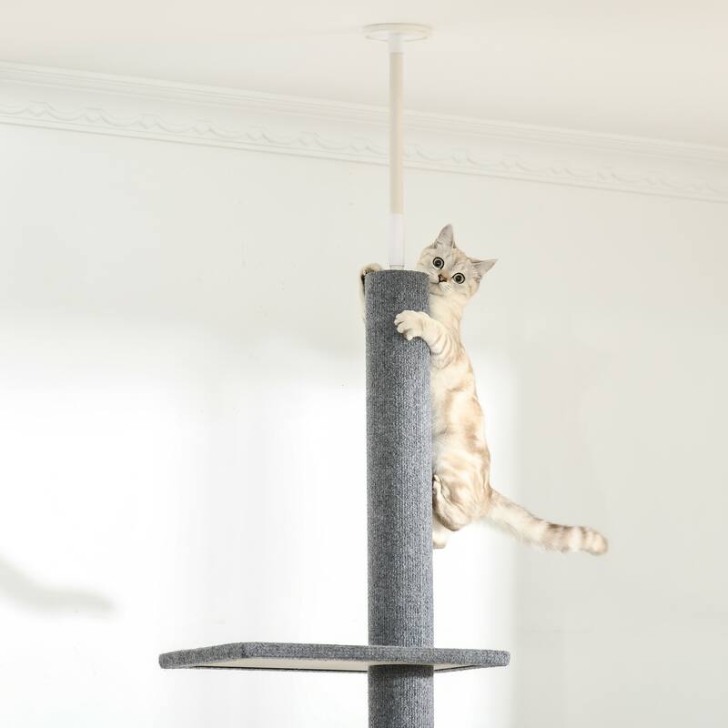 PawHut Floor-to-Ceiling Cat Tree Cat Climbing Tower with Sisal-Covered Scratching Posts Natural