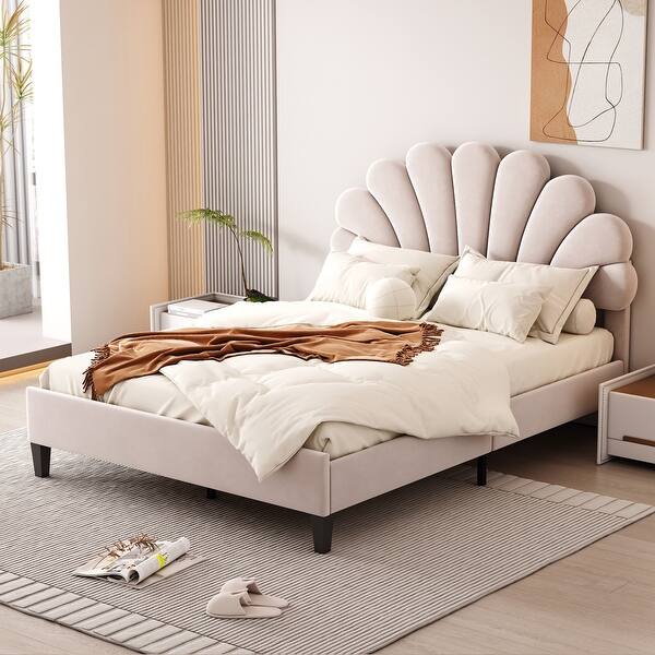 slide 2 of 20, Upholstered Full Size Platform Bed Frame with Flower Pattern Velvet Headboard Beige