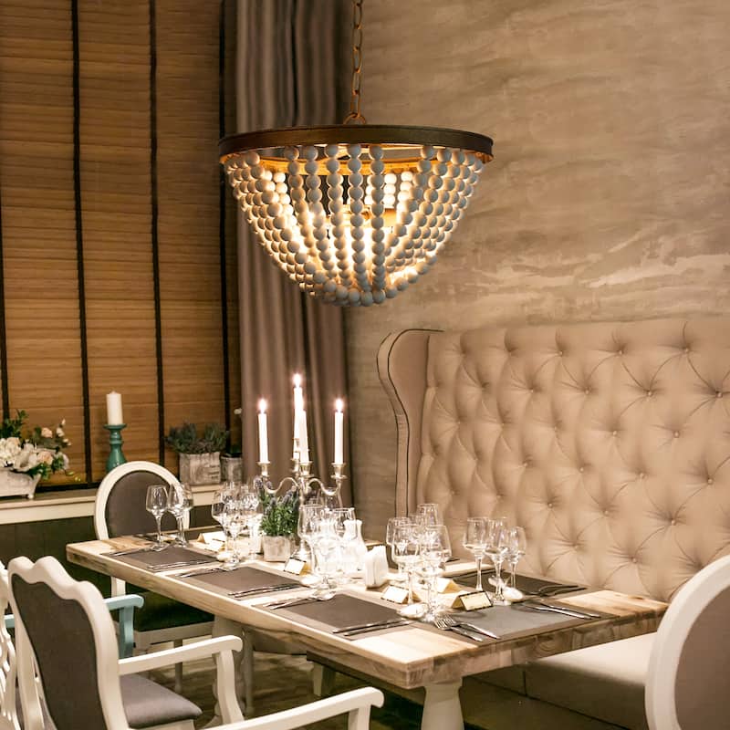 Coasa Modern Gold 3-Light Wood Beaded Boho Chandelier Coastal Ceiling Lights