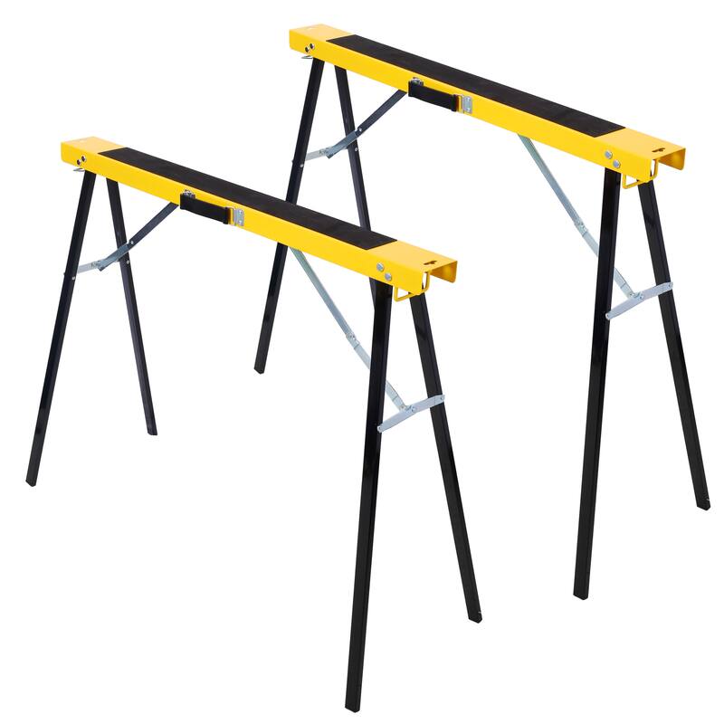 Saw Horses 2 Pack, Folding Portable Work Horse with Fast Open Legs, Convenient Handle, Heavy Duty Steel Sawhorse for Garage - Yellow