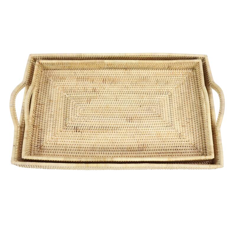 Cream or Brown Rattan Tray (Set of 2) - 26 x 16 x 3