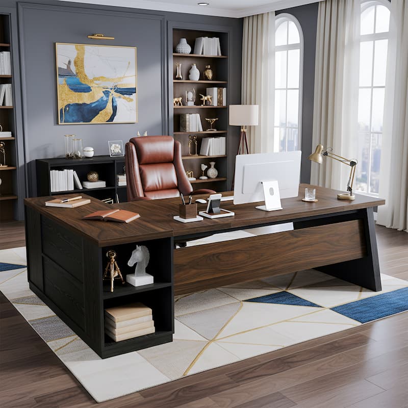 78" L-Shaped Executive Desk with File Cabinet & Shelves, Home Office