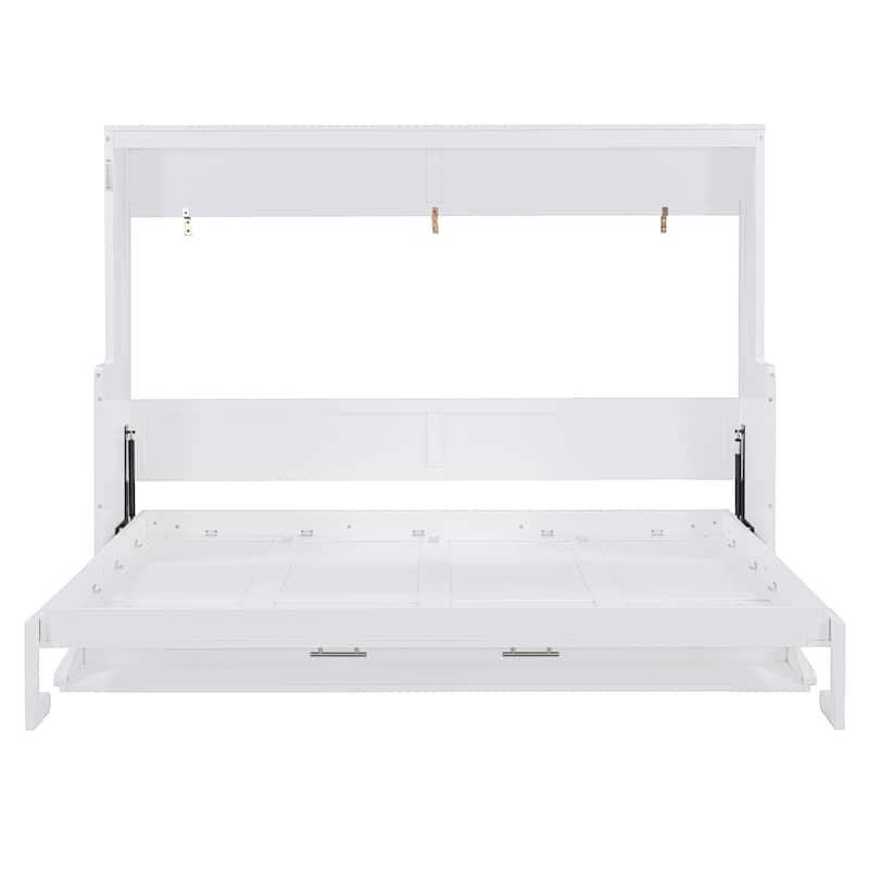 Space-Saving Queen Size Murphy Bed with Hydraulic Lift and Desk, White