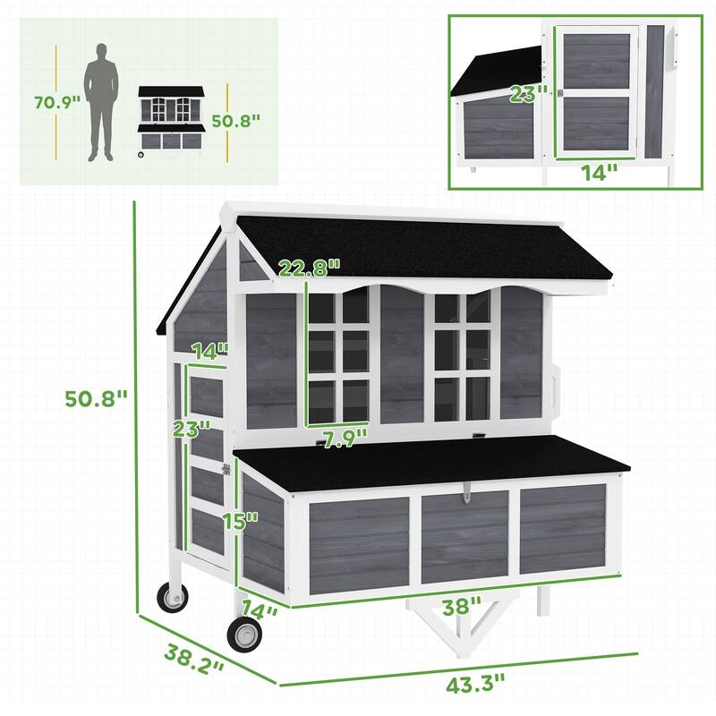 PawHut 43" Chicken Coop with Wheels, Mobile Chicken House with Nesting Box, Windows, Pull-out Tray, Perches