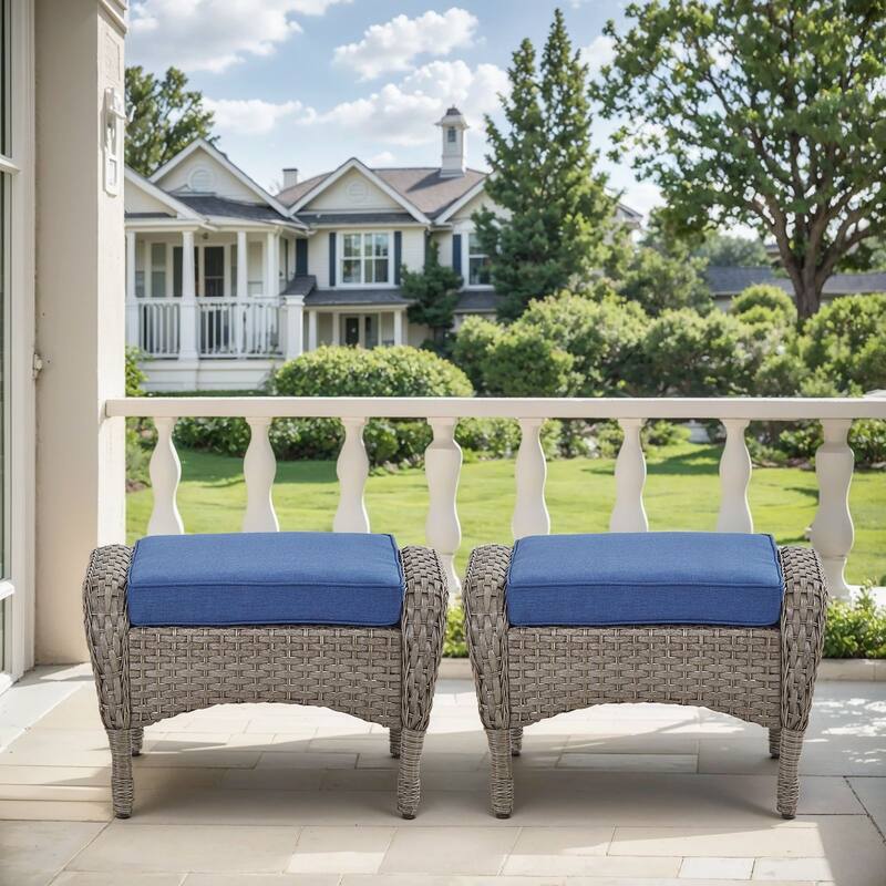 Outside Patio Wicker Ottomans Set Grey - Blue - Grey - Blue