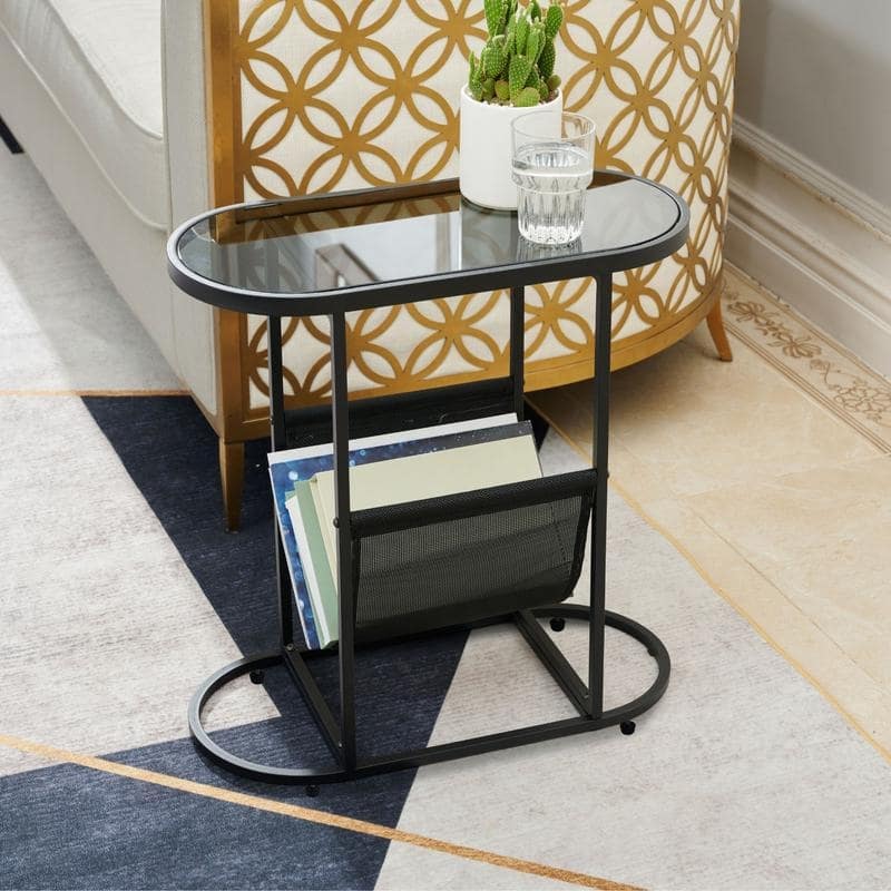 Oval Narrow Side Table Set of 2 End Tables with Organizer Storage