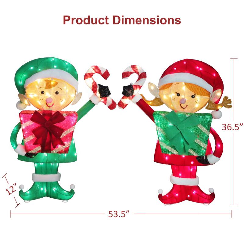 Puleo International Set of 2 Elf Couple with Gift Boxes and Candy Cane with 264 Multi-Color LED Lights - Red