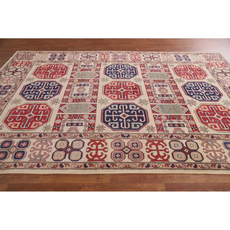 Hand Knotted Oriental 100% Wool Carpet Traditional Geometric Beige & Ivories Kazak Area Rug - 9' 7'' X 6' 7''