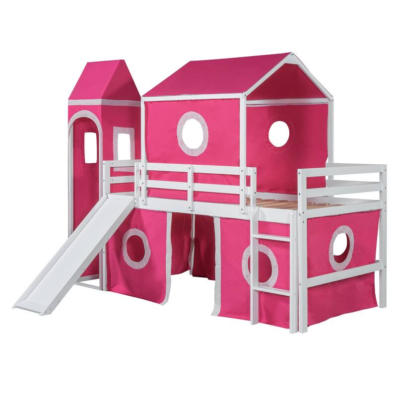 Twin Size Loft Bed with Slide, Pink Tent, and Tower - Space-Saving Fun Design
