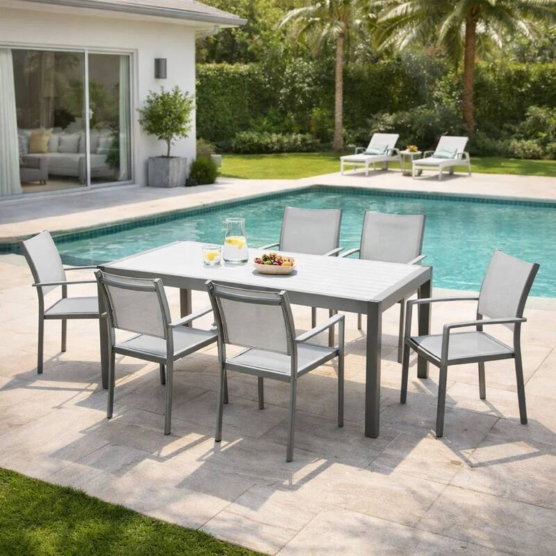 Fifi 7 Piece Dining Table Set, White Metal Frames, Smooth Textilene Fabric