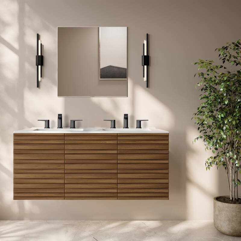 Cascade 48" Wall-Mounted Bathroom Vanity In Brown Oak With 3-Hole Widespread Double Basin Sink Top - 48