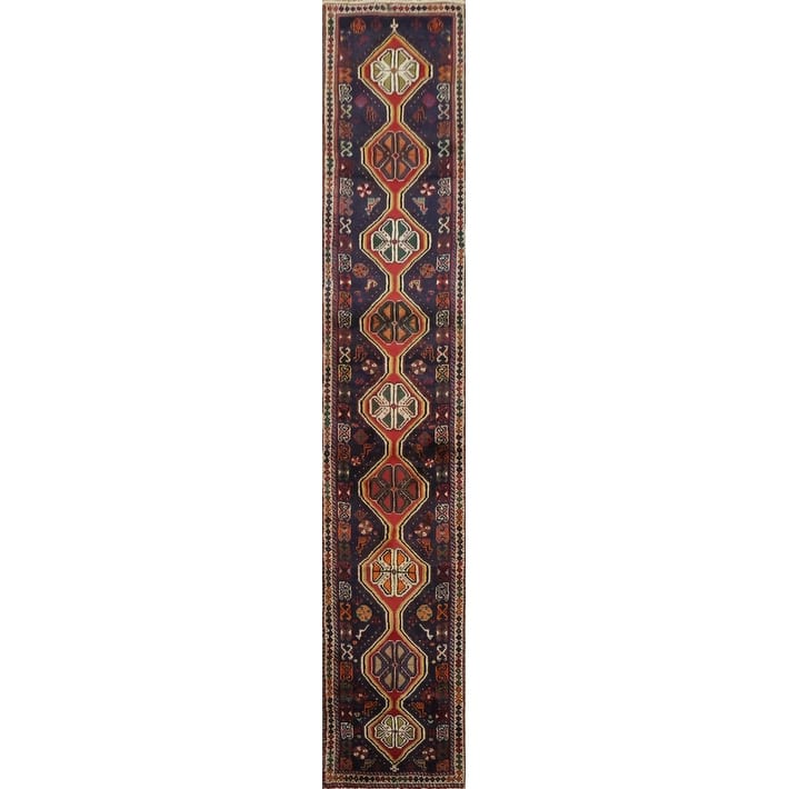 Hand Knotted Oriental 100% Wool Carpet Traditional Tribal Navy Blue & Blues Balouch Runner Rug - 10' 6'' X 1' 11''