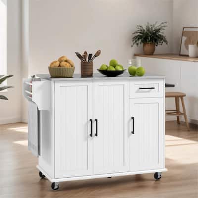Kitchen Cart with 3 Cabinets, Stainless Steel Countertop, Spice Rack