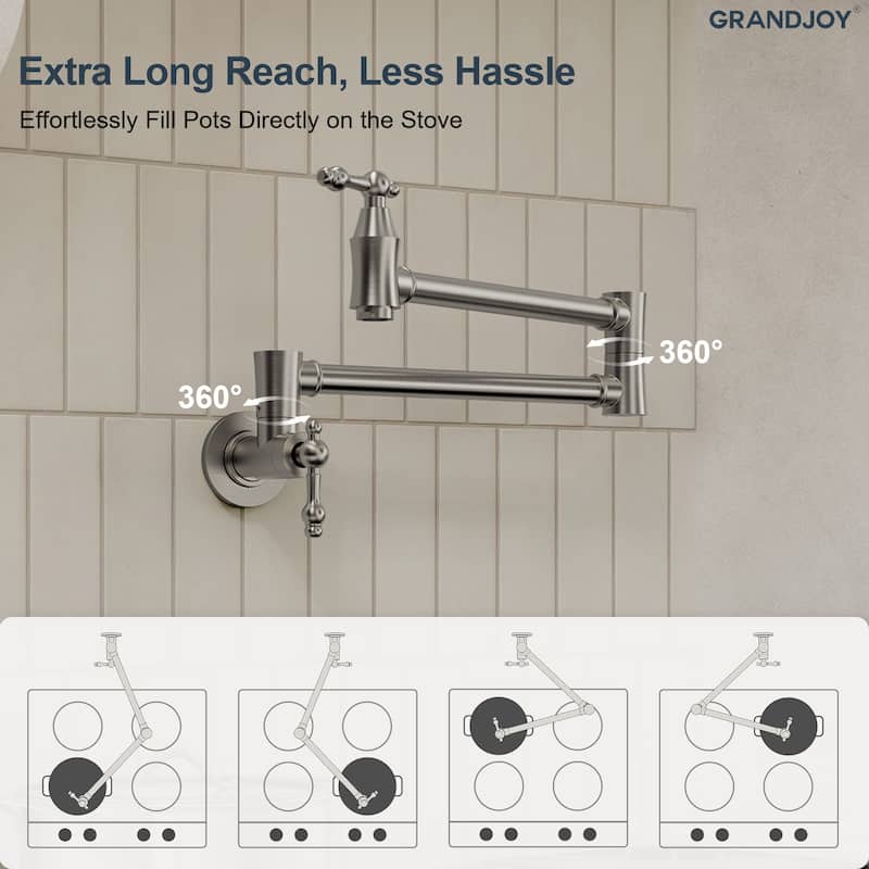GRANDJOY Wall‑Mount Pot Filler Faucet with Dual Handle Control,High Flow Cold Water Faucet for Stove, Foldable Design