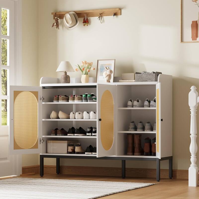 Rattan 3-Door Shoe Cabinet with Adjustable Shelves