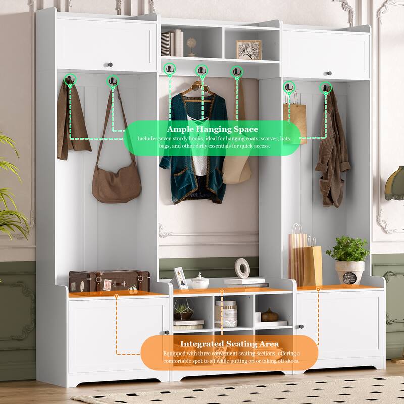 79.1" Wide Modern Hall Tree with Shoe Storage, 8 Cubbies & 7 Coat Hooks - Entryway Bench with Adjustable Shelf