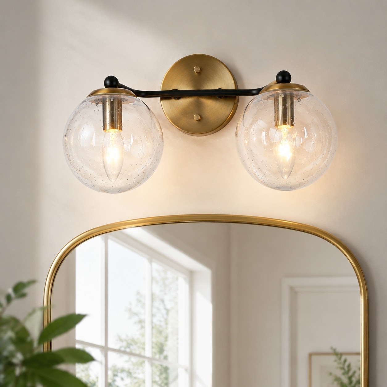 Modern 2/3 Light Black Gold Bathroom Vanity Lights Over Mirror Dual Globe Seeded Glass Wall Sconces Fixture for Bathroom