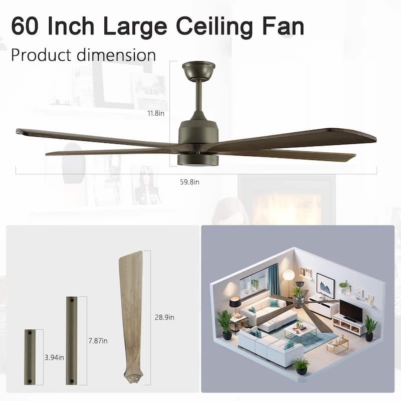 60" Wood Ceiling Fan with Light and Remote Control,6-Speed Noiseless Reversible DC Motor, Ceiling Fan