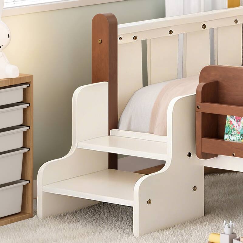 Full/Twin Floor Bed with Storage Bookcases & Cute Stairs - Solid Wood Kids Bed, No Box Spring